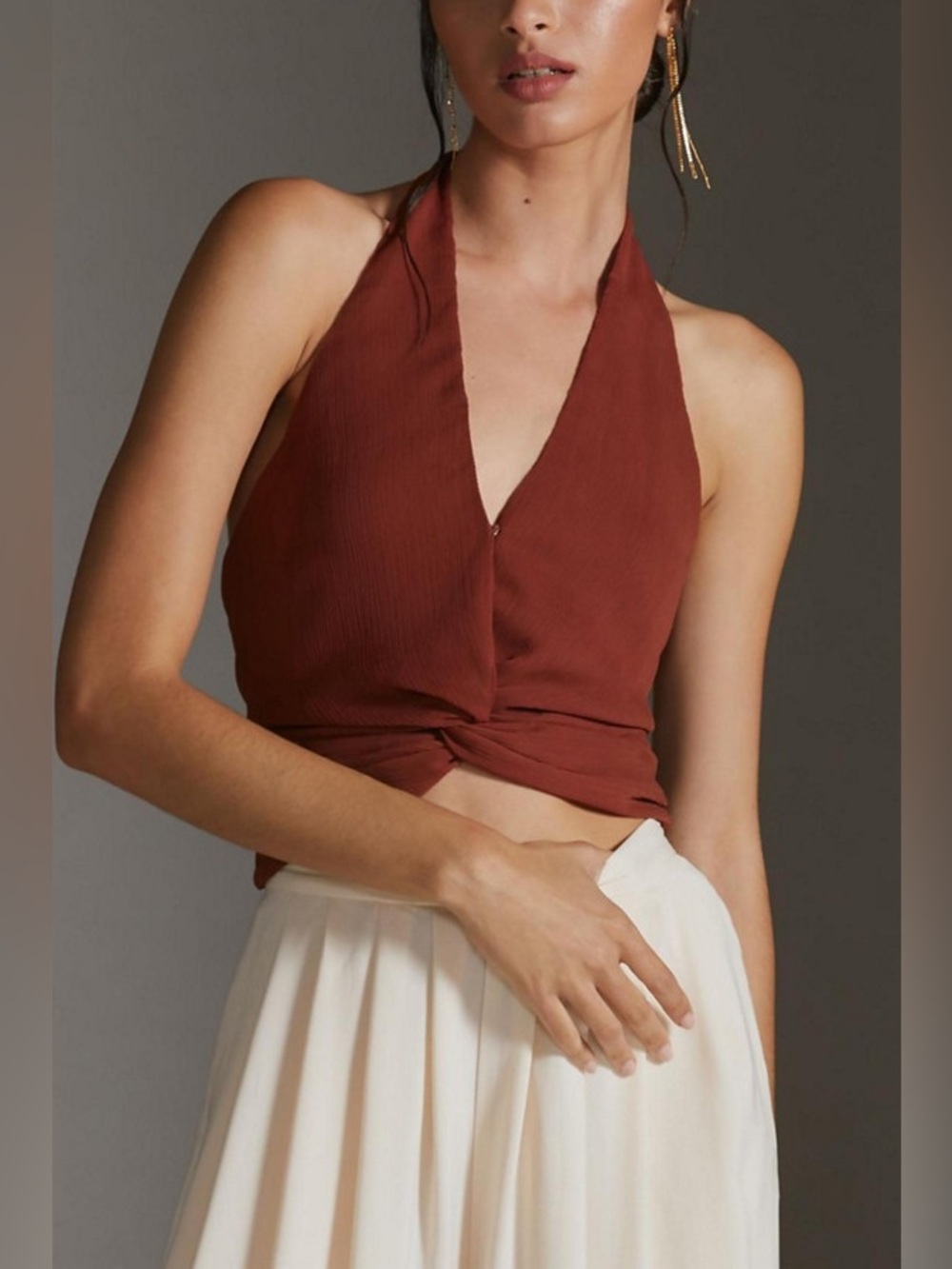 Women’s Halter Twist Front Crop Top - Rust